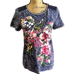 Leo & Ugo Blue Floral Printed Beaded Short Sleeve Crew Neck T-shirt Top Sz 1/6-8